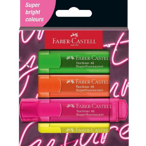 FABER CASTELL TEXTLINER 46 NEON EVIDENZIATORE PUNTA A SCALPELLO 1/5 mm COLORI ASSORTITI CONF 4 Pz.